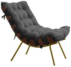 Poltrona Decorativa Sala de Estar Abel Base de Madeira Dourada Suede Cinza G41 - Gran Belo
