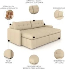 Sofá Retrátil 4 Lugares Para Sala 264cm Elios Couro Bege Z55 - Mpozena