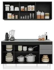 Armário Líbia e Balcão com Pia Inox 150cm Tunísia L03 Preto/Cinza - Mp