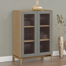 Cristaleira Portas Vidro 80cm Pé Madeira Soleil Oak/Cinza F07 - Mpozen