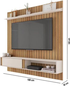 Painel TV 75 Pol 180cm Bancada Suspensa Ripado Eluni C01 - D'Rossi - Freijó/Off White