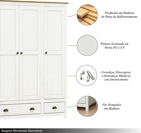 Guarda Roupa Madeira Maciça 3 Portas Osiris 2 Gavetas Branco/Freijó - G74 - Gran Belo