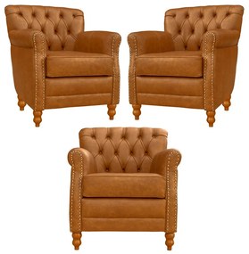 Kit 03 Poltronas Decorativas Sala de Estar Níger Pés Madeira Couro Mel G58 - Gran Belo