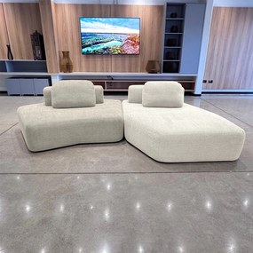 Sofá Ilha Sala de Estar Modulado Dakota com Chaise Encosto Almofadas Soltas Bouclê Rústico Greige/OffWhite G33 - Gran Belo