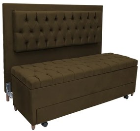 Cabeceira com Calçadeira Baú Casal 140cm Paris Capitonê Suede Marrom - Sheep Estofados - Marrom