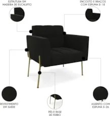 Poltrona Para Sala Pé Metal Dourado Kit 2 Ana Suede Preto - Ibiza