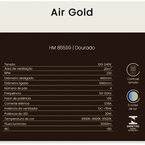 Ventilador De Teto Air Gold Dourado Pás Retrátil Led 30W Multicolor Bi...