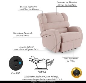 Poltrona do Papai Sala de Cinema Reclinável Kylie Power Touch USB Veludo Rosê G23
