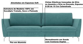 Sofá Decorativo Sala de Estar 190cm Olívia Suede Turquesa G52 - Gran Belo