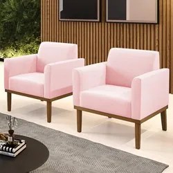 Poltrona Base Madeira Castanho Kit 2 Maressa Suede Rosa Bebê - Ibiza