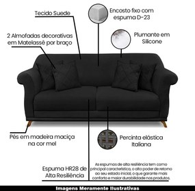Sofá Decorativo 160cm 2 Lugares com 4 Almofadas Armstrong Suede Preto G63 - Gran Belo