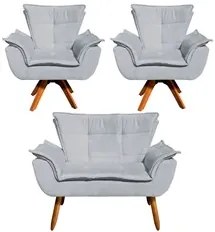 Kit Namoradeira e 2 Poltronas Base Giratória Madeira Opla Suede Cinza