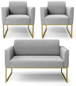 Sofá Namoradeira com 2 Poltronas Base Industrial Dourado Marisa Suede D03 - D'Rossi - Cinza