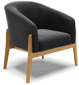 Poltrona com Puff Base de Madeira Stella Suede Preto D03 - D'Rossi