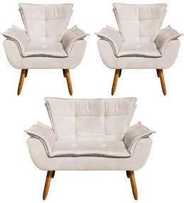 Namoradeira e 2 Poltronas Pé Palito Castanho Opala Suede - Bege