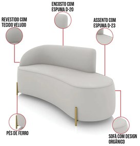 Sofá 3 Lugares Orgânico 180cm Pé Dourado Morgan Veludo D03 - D'Rossi - Cinza
