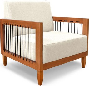 Poltrona Sala de Estar Pés Madeira Maciça Corda Náutica Preta 75cm Manila Linho Off White Rústico G63 - Gran Belo