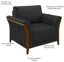 Poltrona Decorativa Sala de Estar 102cm Pés Madeira Roya Z32 PU Preto