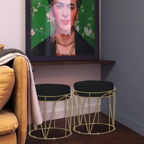 Kit 2 Puffs Decorativo Sala de Estar Base Gold Chloe Veludo Preto G41 - Gran Belo