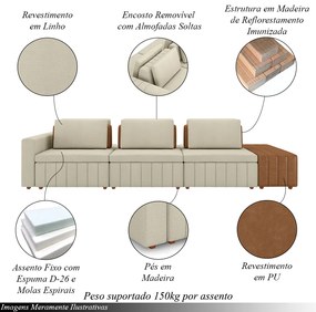 Sofá Ilha com Encosto e Almofadas Móveis Olimpo 335cm Modulado Linho/PU Bege/Caramelo G45 - Gran Belo