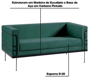 Sofá Decorativo 2 Lugares Base de Aço Preto Jeanneret-Gris Veludo Verde G17 - Gran Belo