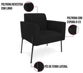 Poltrona Pé de Ferro Preto Kit 2 Decorativa Marisa Linho D03 - D'Rossi - Preto