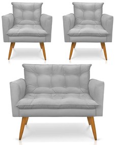Kit 1 Sofá Namoradeira e 2 Poltronas Tais Suede Pés Palito Castanho - D'Rossi - Cinza