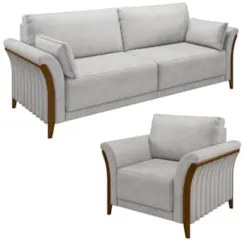 Kit Sofá Living 3 Lugares e Poltrona 102cm Pés Madeira Roya Z32 Veludo