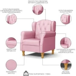 Poltrona de Amamentação Pés Madeira e Puff Lucy Z39  Sintético Rosa -