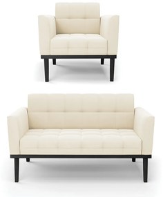 Conjunto Poltrona e Namoradeira Decorativa Karen Pés Fixo em Madeira Preto Veludo Bege G19 - Gran Belo