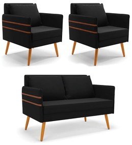 Kit 01 Namoradeira 02 Lugares e 02 Poltronas Mari Suede Pés Palito Castanho - D'Rossi - Preto