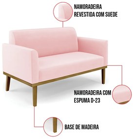 Sofá Namoradeira Base de Madeira Fixa Castanho Marisa Suede - Rosa Bebê