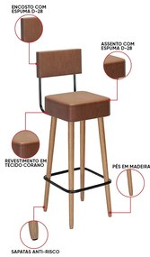 Banqueta Alta Cozinha 70cm Encosto Pé Madeira Barcelona PU Marrom S02 - D'Rossi