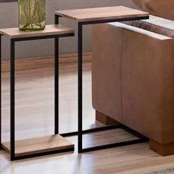 Mesa de Centro Espelhada e 2 Mesas Laterais Pés Metálicos Estilo Indus