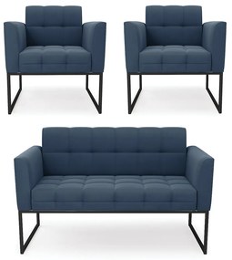 Kit 1 Sofá Namoradeira e 2 Poltronas Elisa Suede Base Metálica Industrial Preto - D'Rossi - Azul Marinho