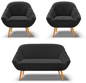 Kit 01 Namoradeira 02 Lugares e 02 Poltronas Giovana Suede Pés Palito Castanho - D'Rossi - Preto