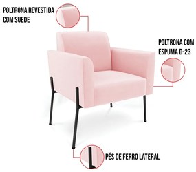 Poltrona Pé de Ferro Preto para Sala Kit 2 Marisa Suede D03 - D'Rossi - Rosa Bebê