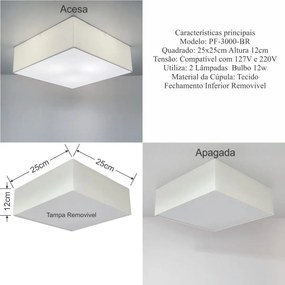 Plafon Quadrado Md-3000 Cúpula em Tecido 25x25x12cm Branco - Bivolt