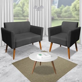 Conjunto Namoradeira e 2 Poltronas Decorativas Isabella Pés Palito Madeira Suede Preto G19 - Gran Belo