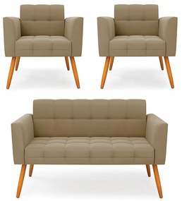 Kit 1 Sofá Namoradeira e 2 Poltronas Elisa Suede Pés Palito Castanho - D'Rossi - Marrom Rato