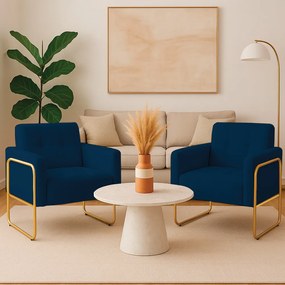 Poltrona Sala Industrial Alta Tubo Dourado kit 2 Elisa Bouclê D03 - D'Rossi - Azul