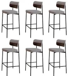Banqueta Alta Bar Estofada Kit 6 Ella M25 Linho Cinza CL/Café - Mpozen
