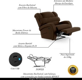 Poltrona do Papai Sala de Cinema Reclinável Kylie Power Elétrica USB Veludo Marrom G23