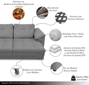 Sofá Retrátil Manual Sala de Estar Nolan Bipartido 175cm Conforto Premium em Couro Cinza G58 - Gran Belo