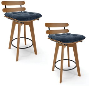 Kit 02 Banquetas Giratória Costela Suede Azul Marinho Base Madeira MA70 - D'Rossi