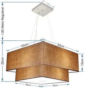 Lustre Pendente Duplo Quadrado Vivare Md-4066 Cúpula em Tecido 50x35cm Palha - Bivolt