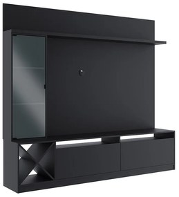 Painel Home Suspenso Sala Para Tv Vidro E 7 Prateleiras - Preto