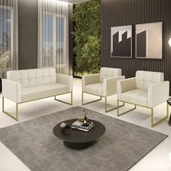Sofá Namoradeira e 2 Poltronas Base Industrial Dourado Ana Sintético B