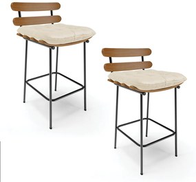 Kit 02 Banquetas Costela Corino Bege Base Metálica Preto - D'Rossi