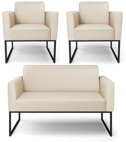 Sofá Namoradeira com 2 Poltronas Base Industrial Preto Marisa Corino D03 - D'Rossi - Bege